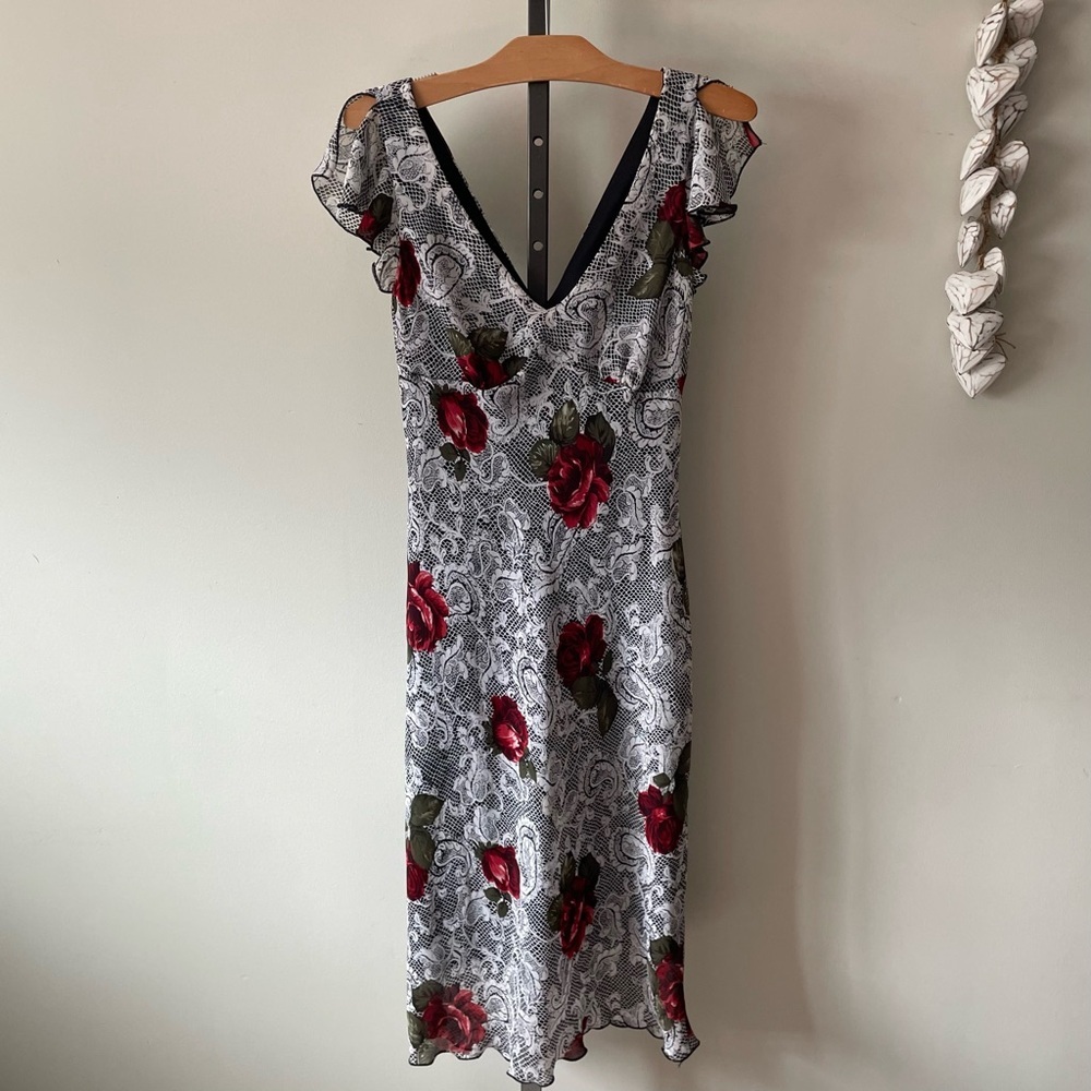 Vintage Red Rose Print Lace Midi Dress